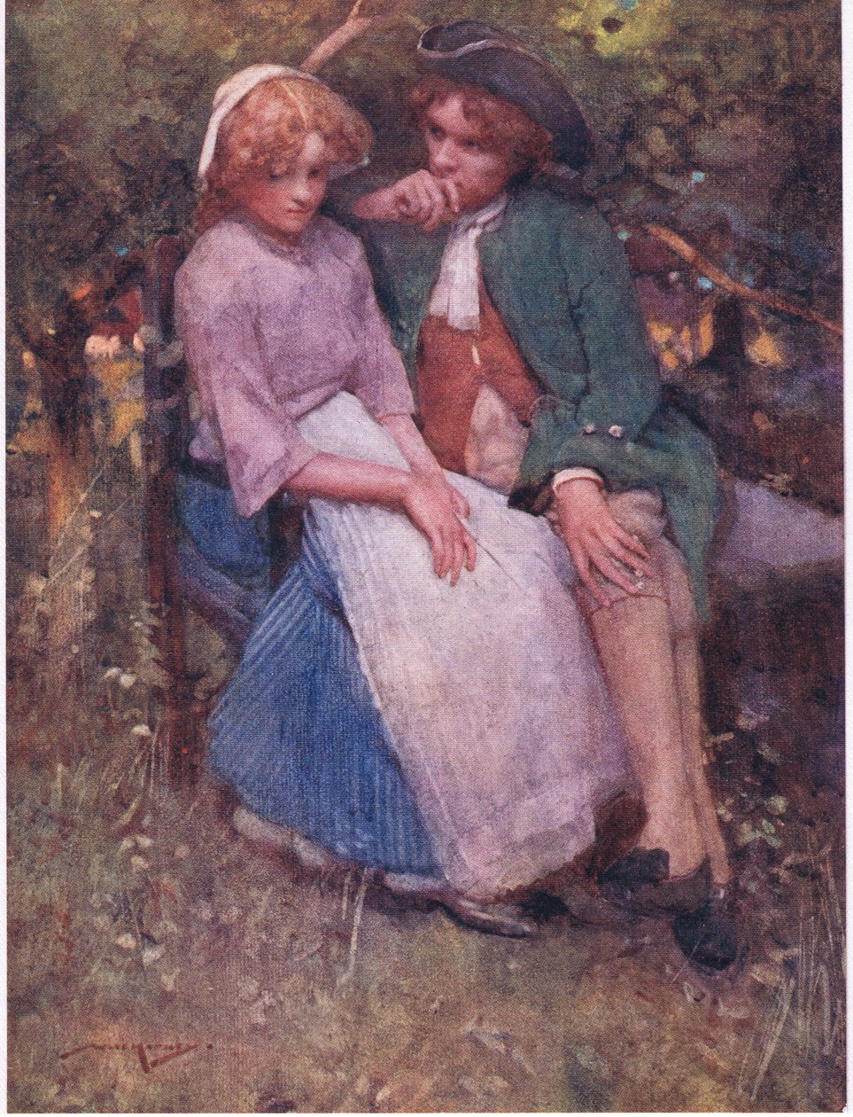 Hagtornbusken, med seter under skyggen, for å snakke alder og hviskende elskere laget! (farge litho) av William Lee Hankey
