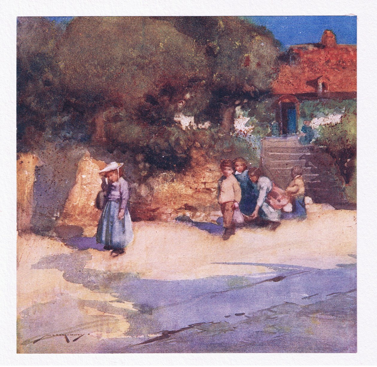 De lekne barna slipper akkurat løs fra skolen (farge litho) av William Lee Hankey