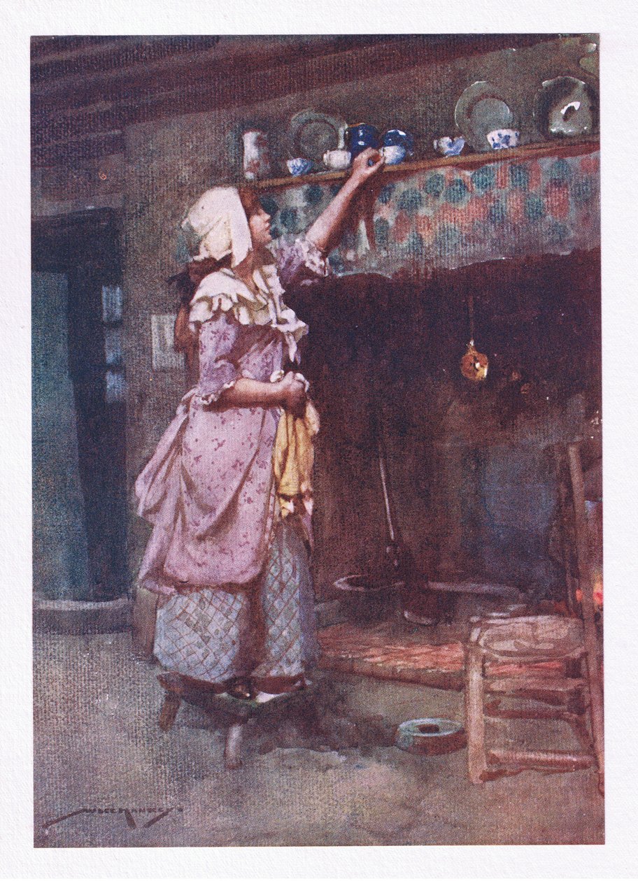 Mens knuste tekopper, klokt oppbevart for å vise seg, gikk over skorsteinen, glitret på rad (farge litho) av William Lee Hankey