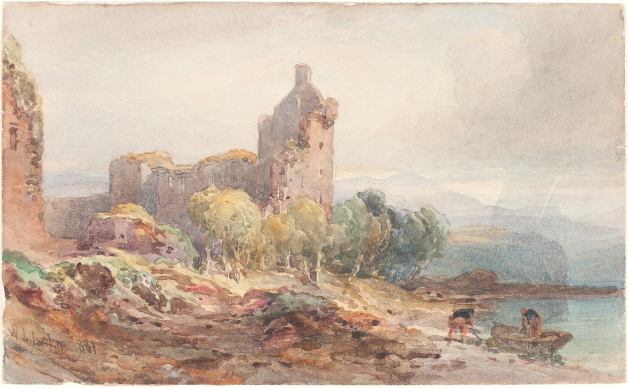 Et ødelagt slott ved en innsjø av William Leighton Leitch