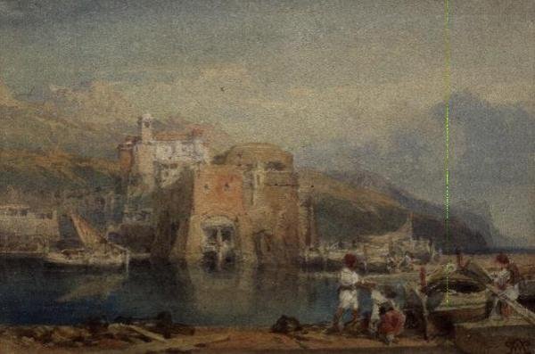 Siciliansk havnescene (akvarell) av William Leighton Leitch
