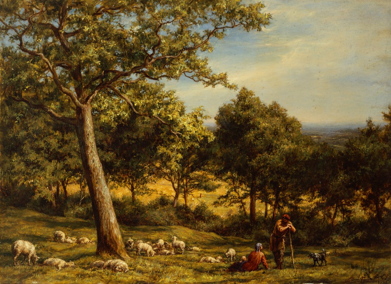 En hyrde og flokken hans i et solbelyst skogslandskap av William Linnell