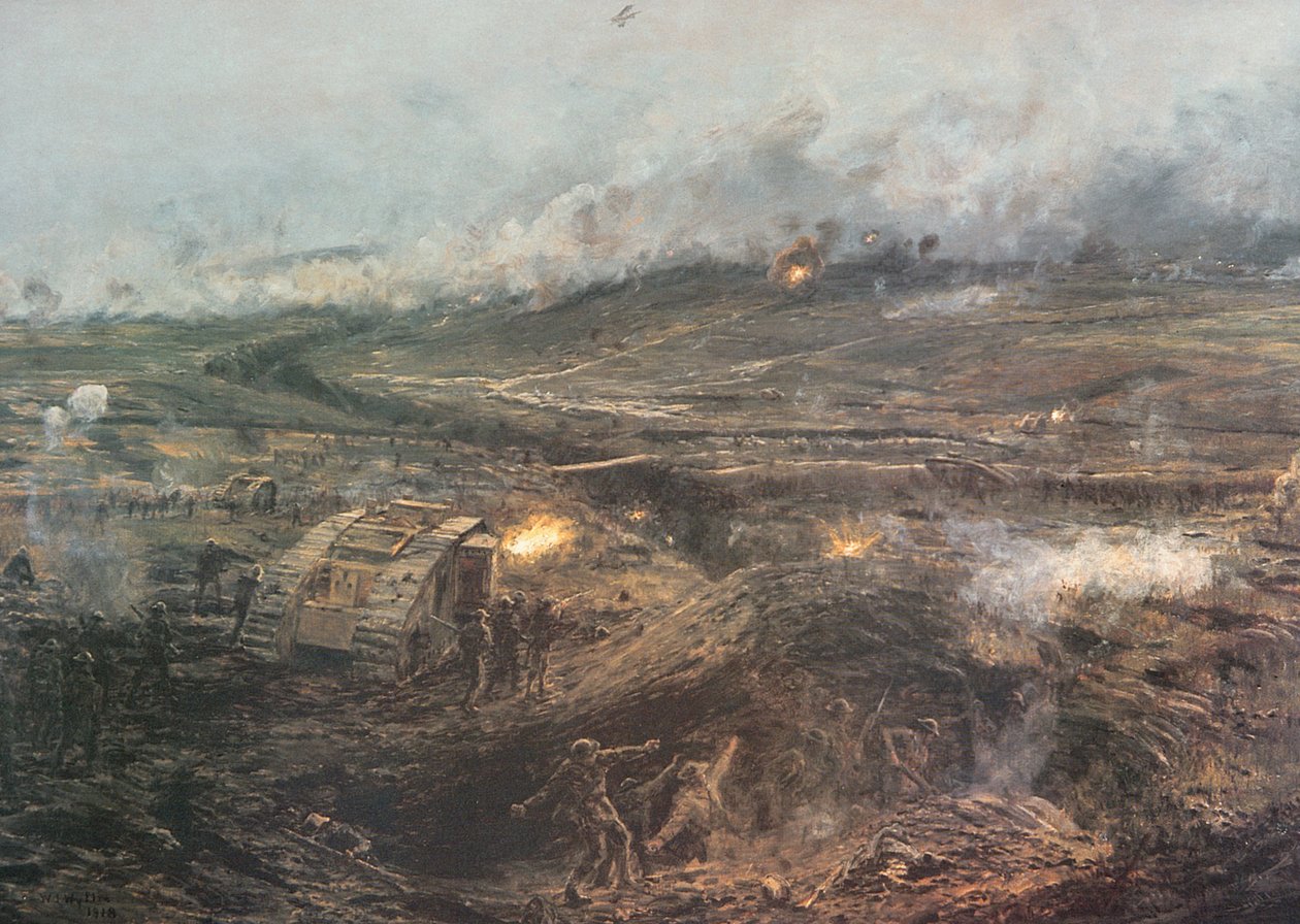 'Dawn, 20th November 1917' - Britiske stridsvogner ruller i aksjon ved Cambrai, Frankrike av William Lionel (after) Wyllie
