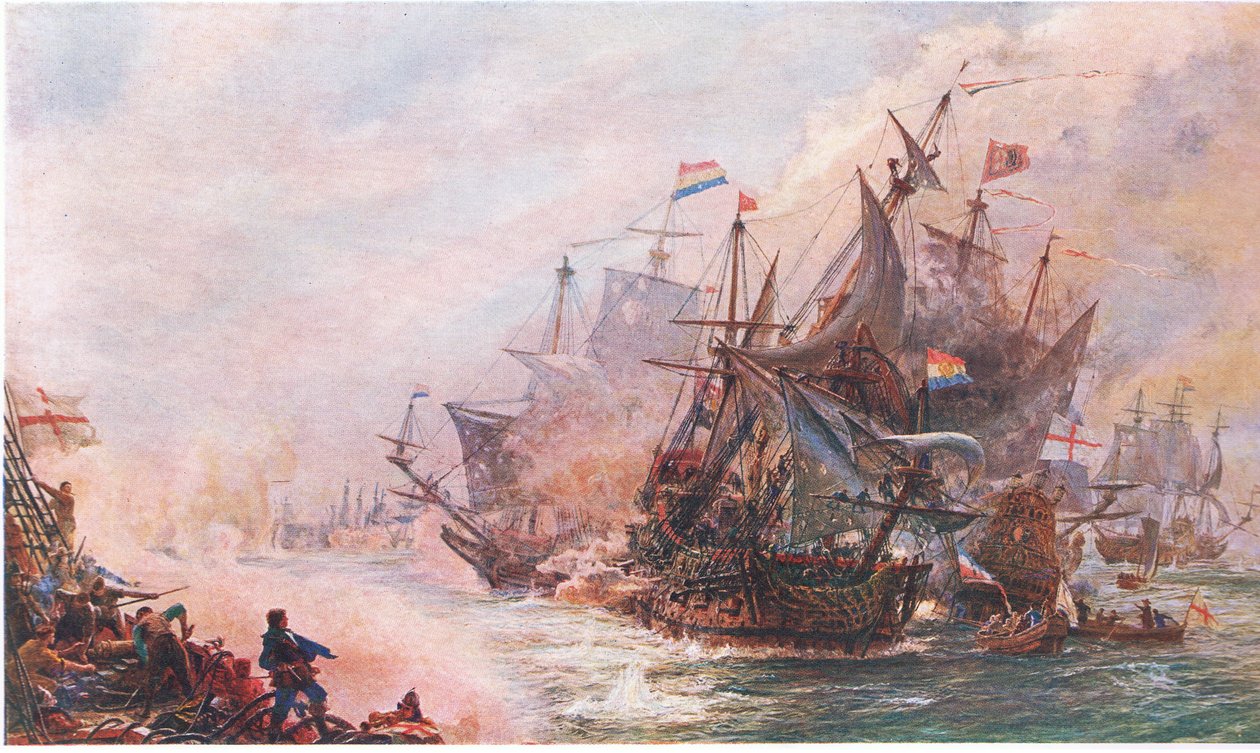 Blakes tredagers engasjement med Von Tromp, fra Cassells History of the British People utgitt av Waverley Book Company Limited, ca. 1940 av William Lionel Wyllie