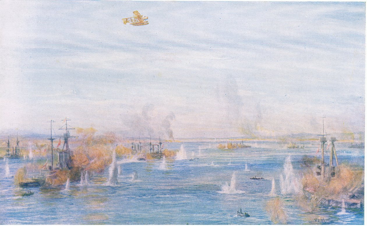 Bombarding the Narrows, 18. mars 1915, fra Cassells History of the British People utgitt av Waverley Book Company Limited, ca. 1940 av William Lionel Wyllie