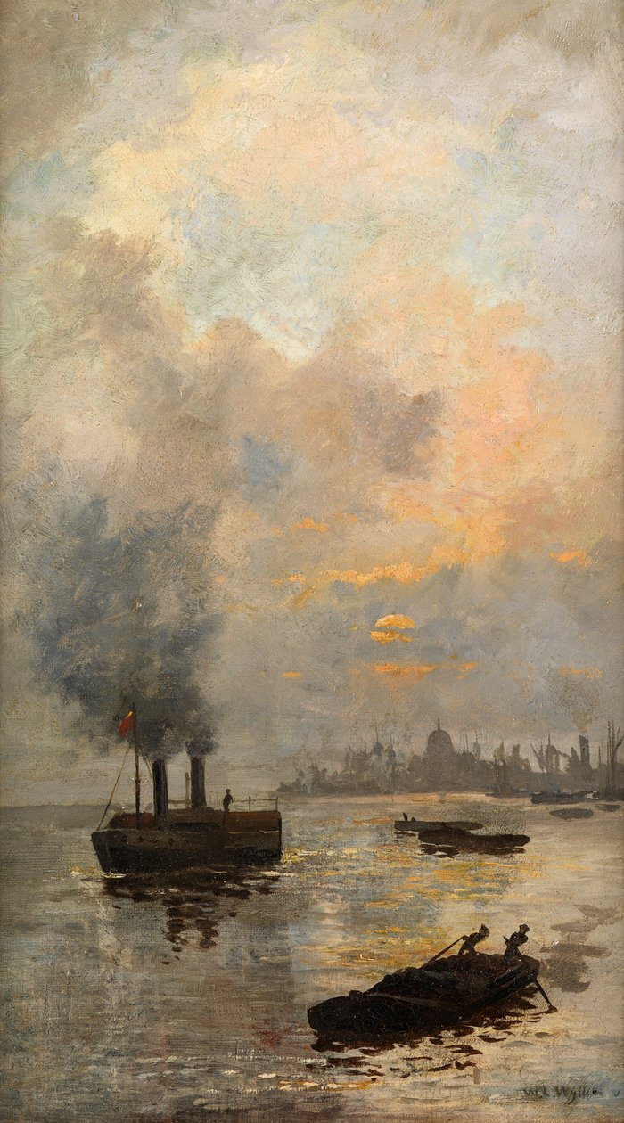 Solnedgang på Themsen (olje på lerret) av William Lionel Wyllie