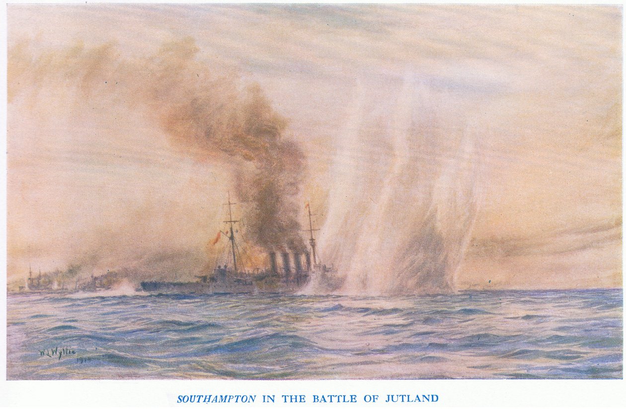 The Southampton in the Battle of Jutland, fra Cassells History of the British People utgitt av Waverley Book Company Limited, ca. 1940 av William Lionel Wyllie