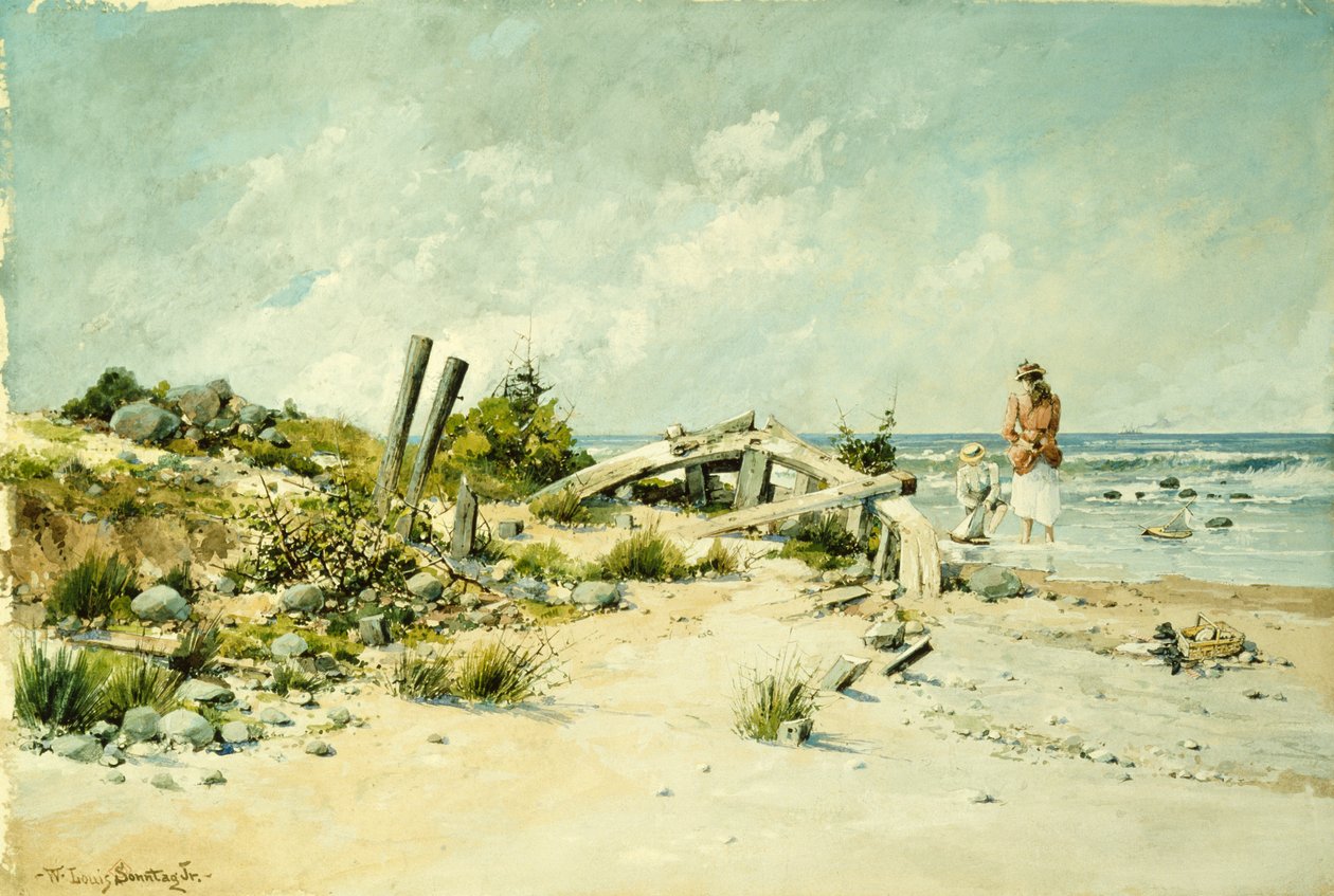 Strandlek (akvarell og gouache) av William Louis Jnr. Sonntag
