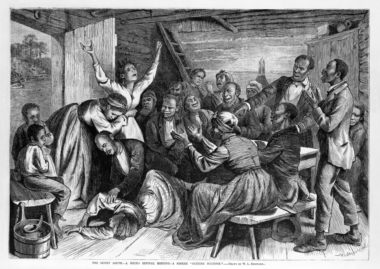 The Sunny South - et vekkelsesmøte - en søker som "får religion", pub. 1873 av William Ludlow Sheppard