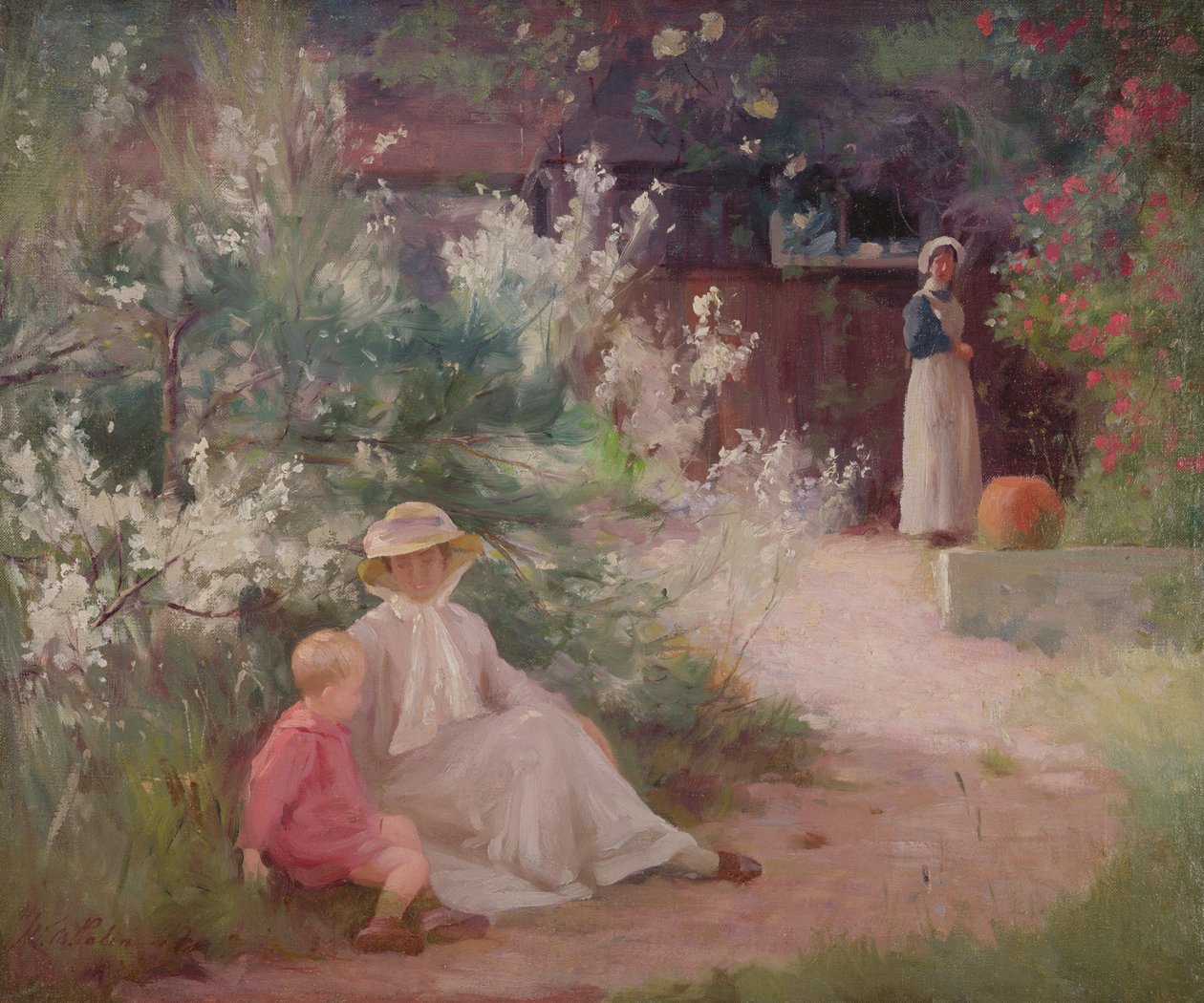 Dame med sin unge sønn og hushjelp i hagen av William Mainwaring Palin