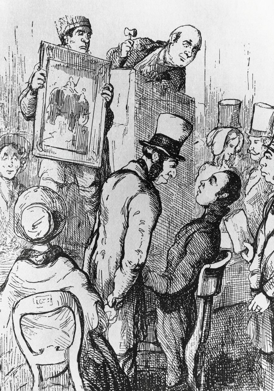 Elephant for Sale, illustrasjon for det 17. kapittelet av Vanity Fair, roman av William Makepeace Thackeray (1811-1863), gravering etter tegning av William Makepeace Thackeray (1811-1863), utgitt i Chicago i 1882 av William Makepeace Thackeray