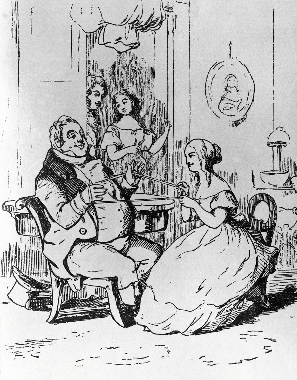 Mr Joseph Sedley viklet inn av Becky Sharp, illustrasjon for første kapittel av Vanity Fair, roman av William Makepeace Thackeray (1811-1863), gravering etter tegning av William Makepeace Thackeray (1811-1863), utgitt i Chicago i 1882 av William Makepeace Thackeray