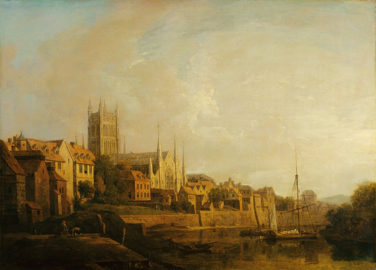 En utsikt over Worcester Cathedral fra elven (olje på lerret) av William Marlow