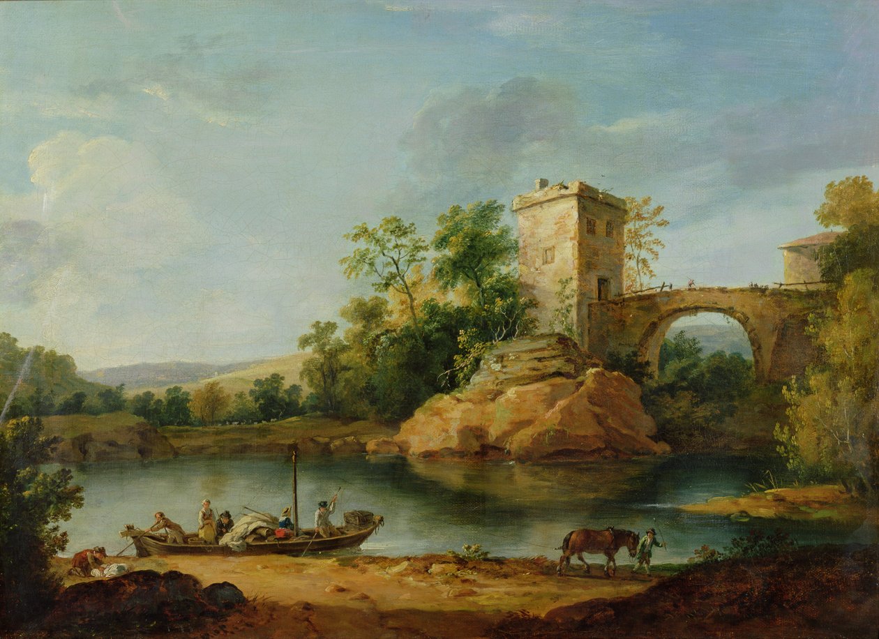 Et skogkledd italiensk elvelandskap med bønder i en lekter og en bro bortenfor, ca. 1770 (akvarell) av William Marlow