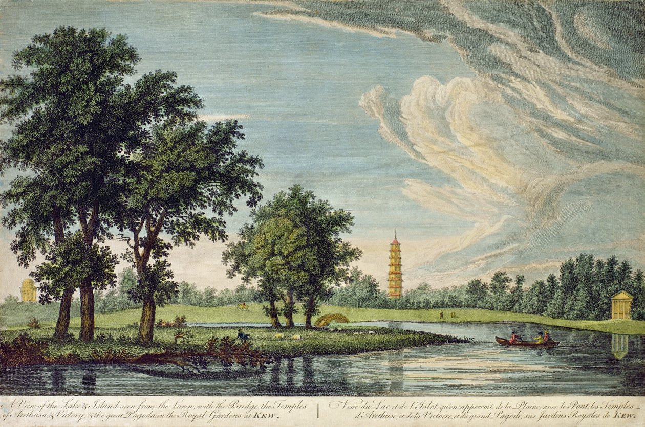 Kew, en utsikt over innsjøen og øya sett fra plenen, med broen, templene til Arethusa og Victory og den store pagoden i Royal Gardens i Kew av William Marlow