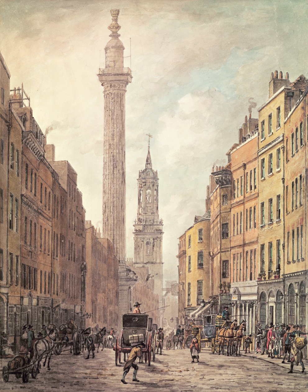 Utsikt over Fish Street Hill, Monument og St. Magnus the Martyr fra Gracechurch Street, London, 1795 (håndfarget gravering) av William Marlow