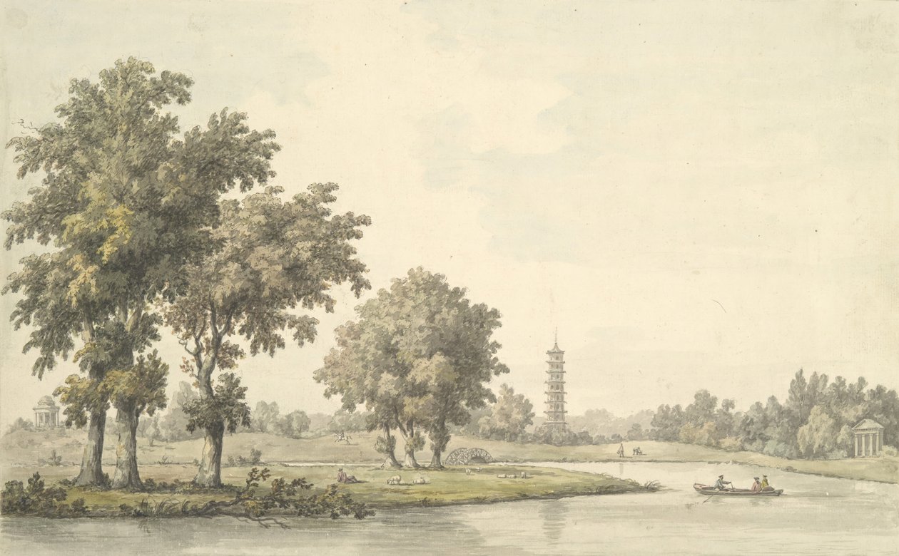 Utsikt over innsjøen og øya fra plenen ved Kew, 1763. av William Marlow