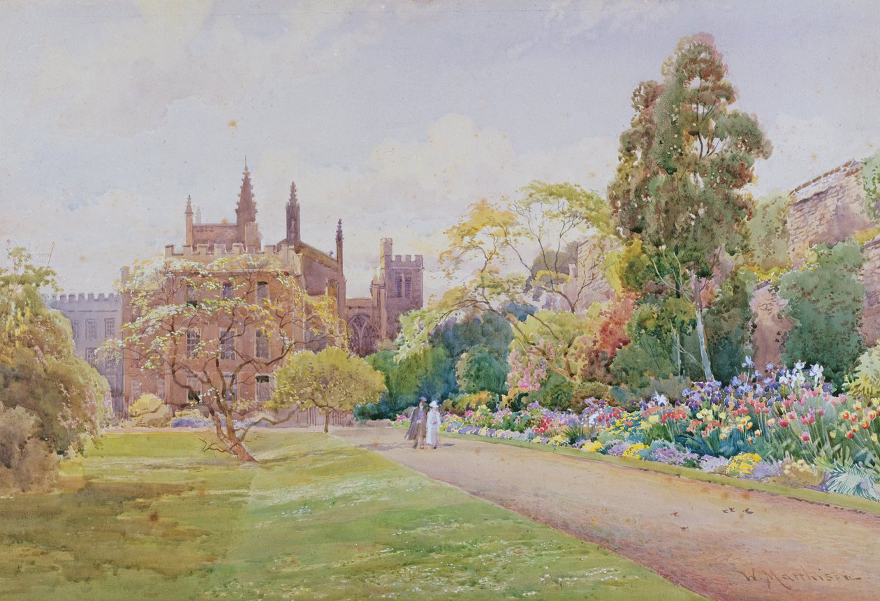 Den lange turen og blomstergrensen i mai - New College, Oxford, ca. 1918 av William Matthison