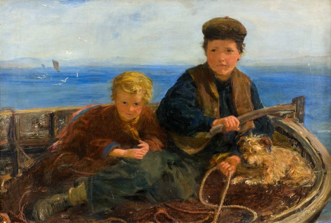 To gutter og en hund i en båt, ca. 1871 (olje på lerret) av William McTaggart