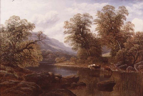 Landskap med en elv og storfe (olje på lerret) av William Mellor