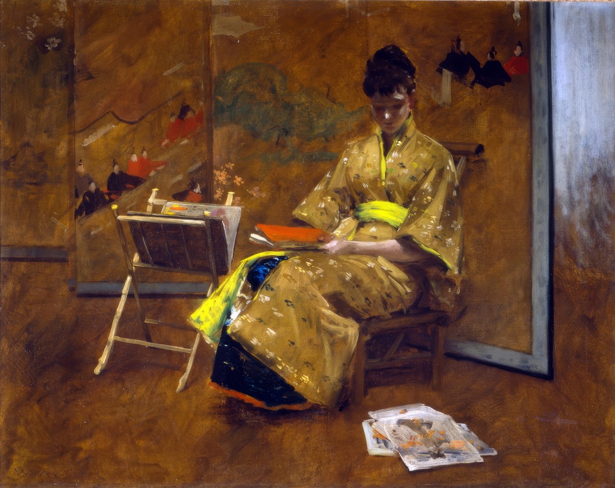 En jente i japansk kjole. Kimonoen ca. 1887. av William Merritt Chase