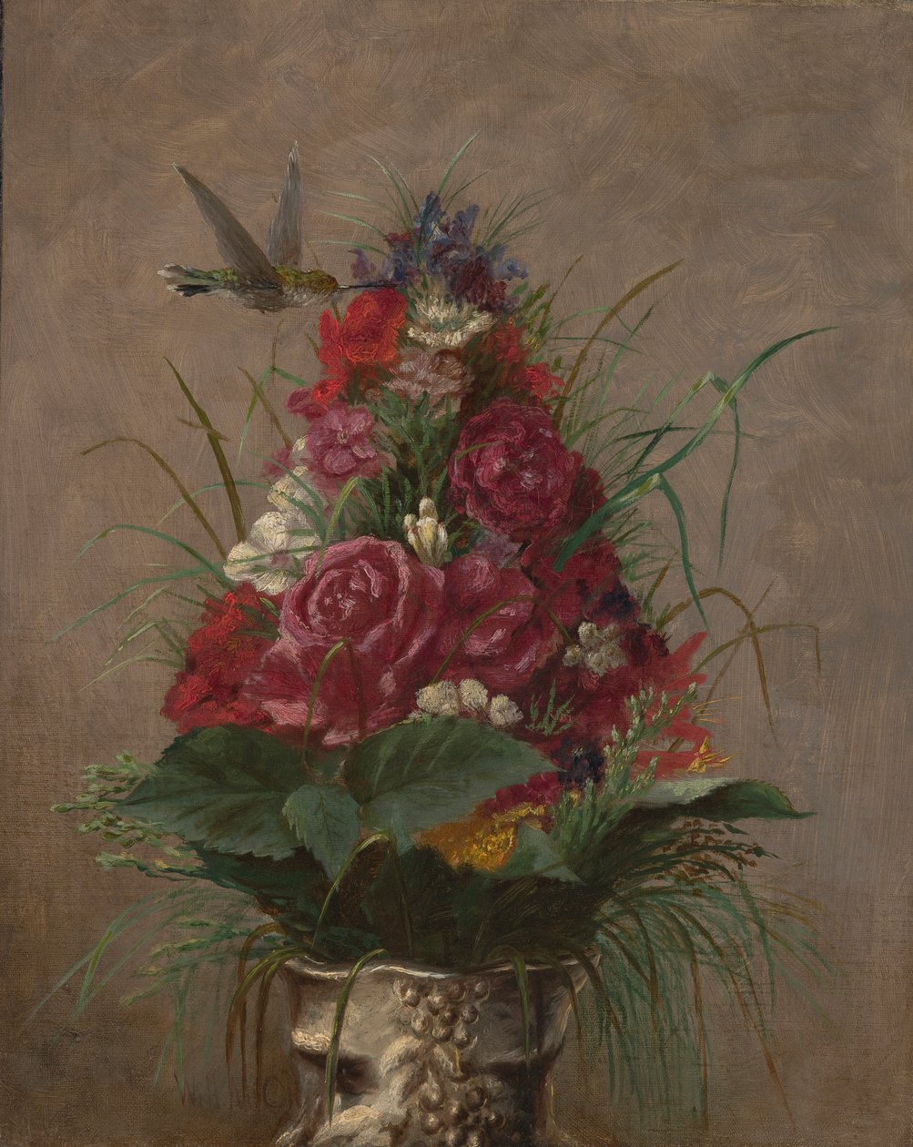 Blomsterstilleben med kolibri av William Merritt Chase