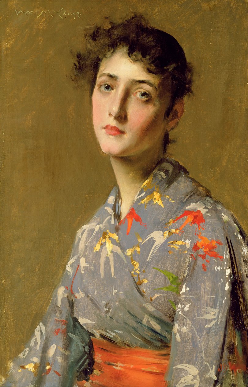 Jente i japansk kostyme, ca. 1888 (olje på lerret) av William Merritt Chase