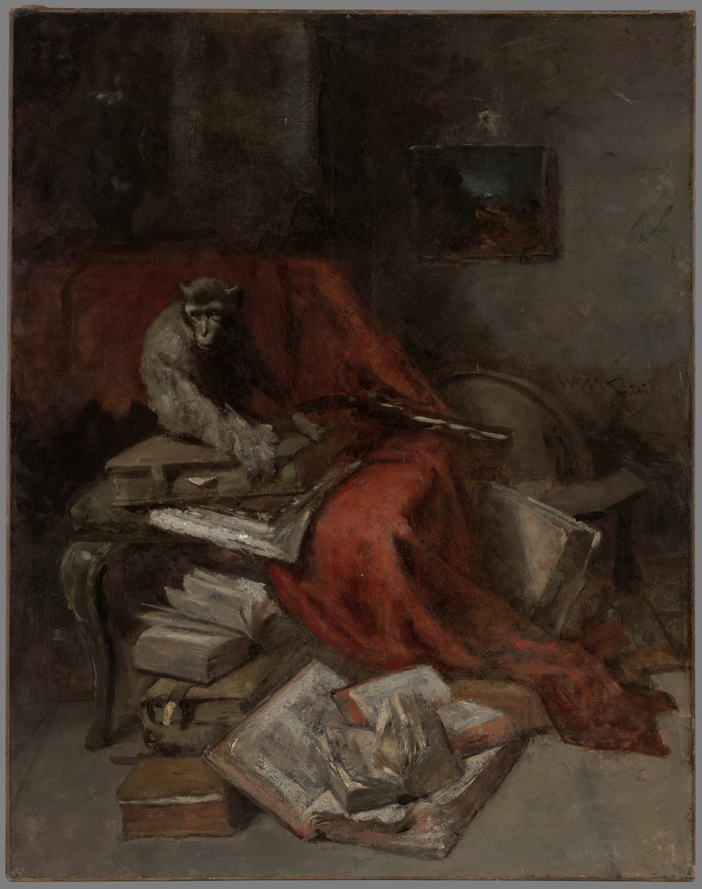 Monkeying med litteratur av William Merritt Chase
