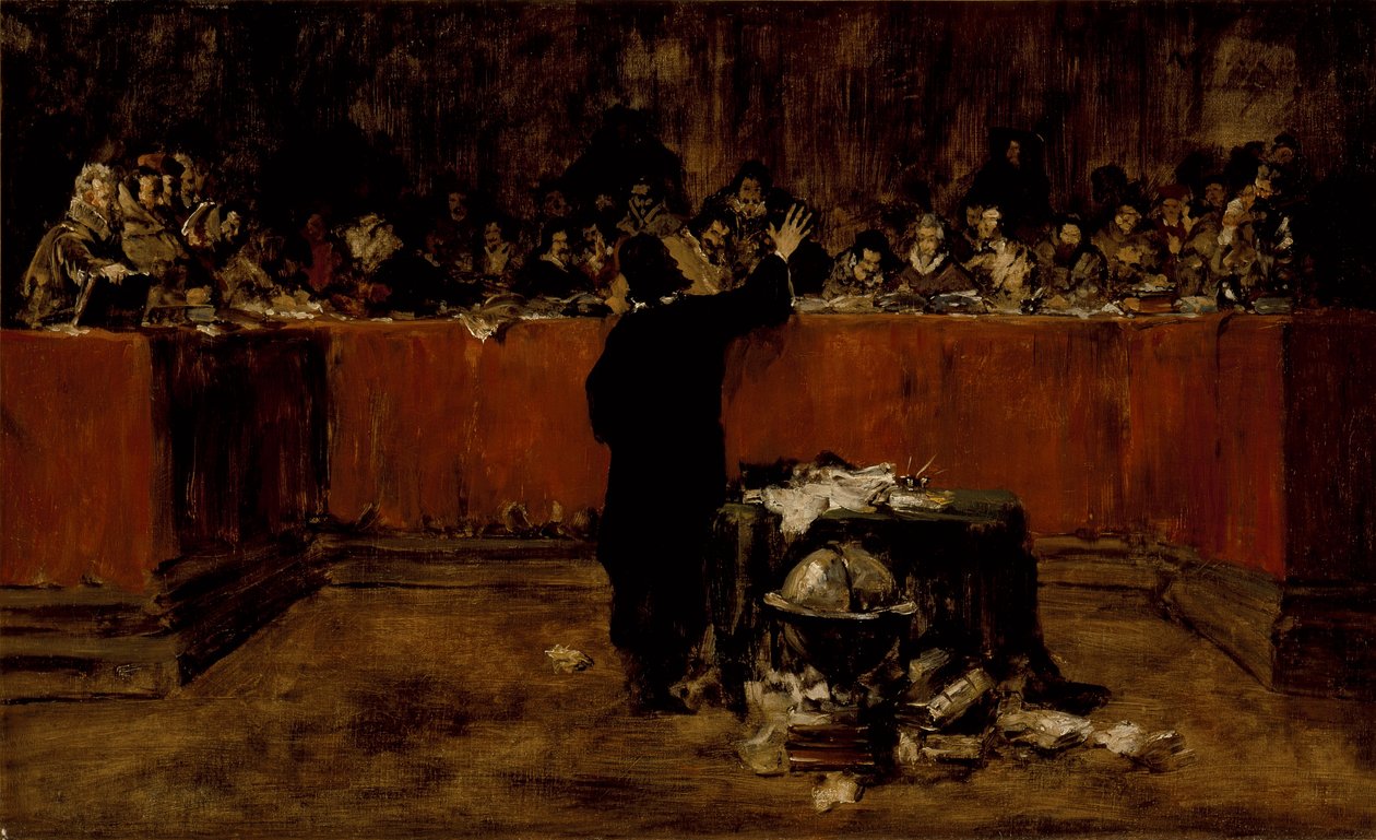 Skisse til et bilde - Columbus foran rådet i Salamanca (B) (Kristoffer Columbus foran det spanske rådet) av William Merritt Chase