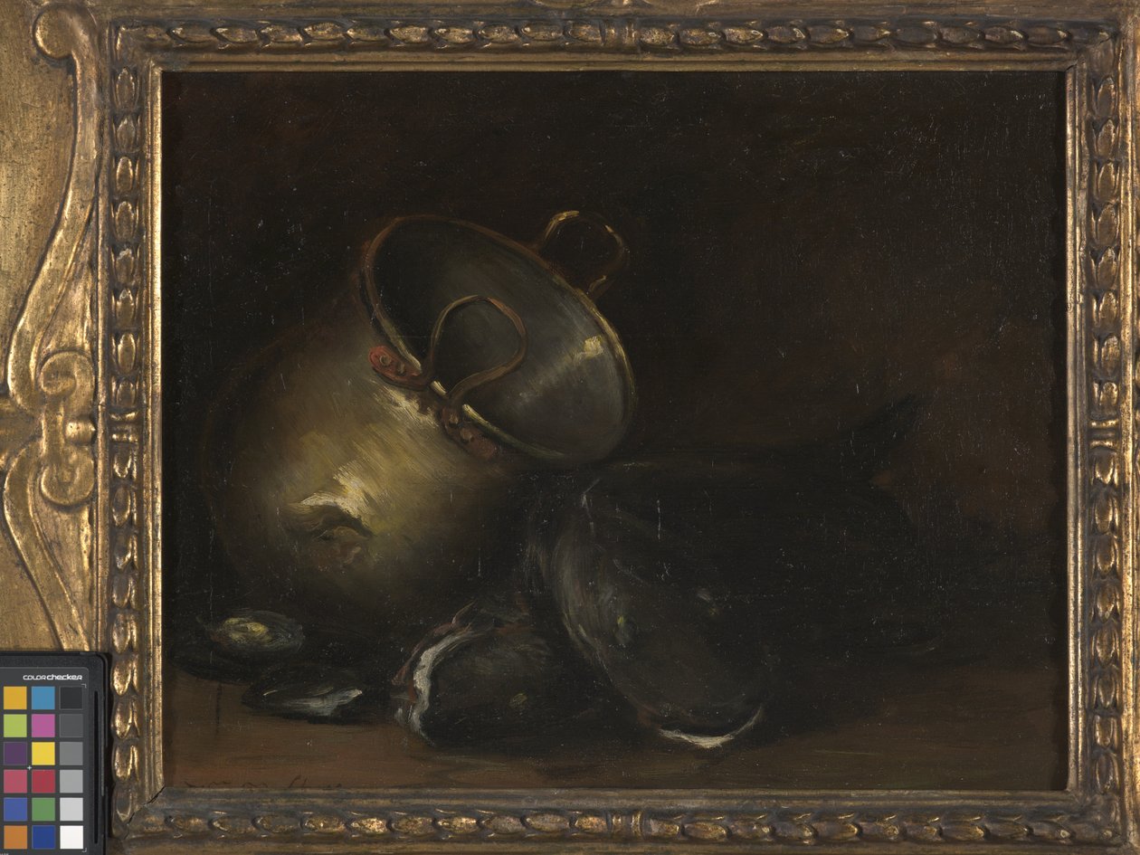 Stilleben - Brass Kettle And Catfish (olje på lerret) av William Merritt Chase