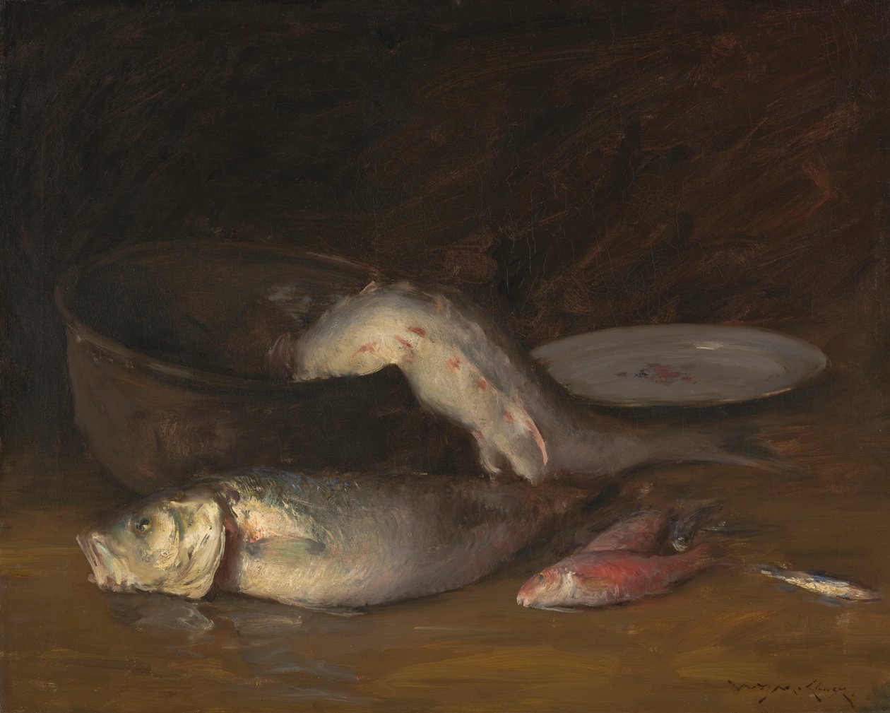 Stilleben med fisk, ca. 1910 (olje på lerret) av William Merritt Chase