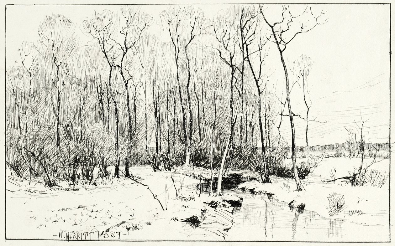 Uten tittel, vinterlandskap (penn og blekk på papir) av William Merritt Chase