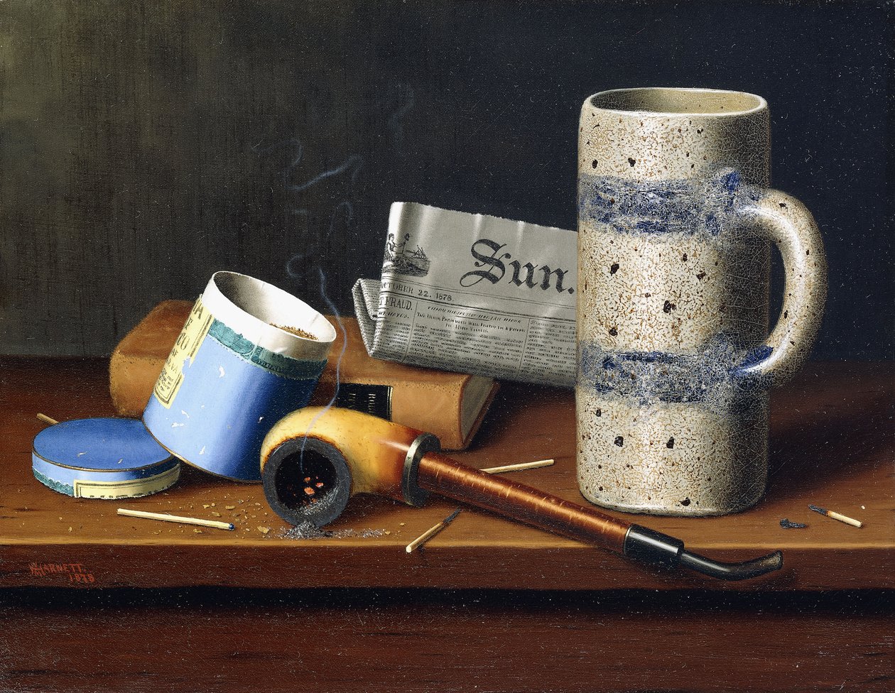 Stilleben med blå tobakksboks, 1878 av William Michael Harnett