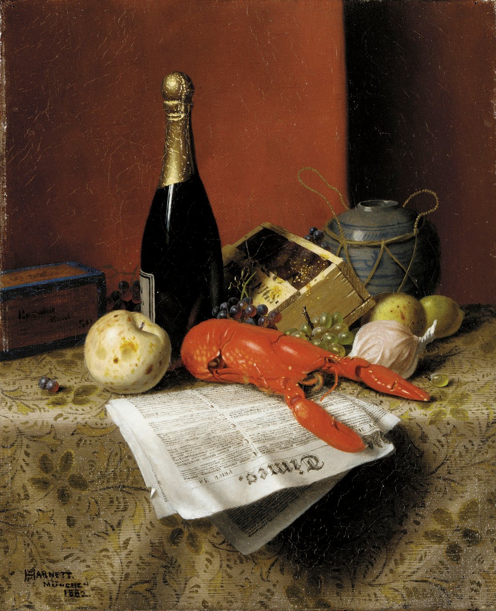 Stilleben med hummer, frukt, champagne og avis, 1882 av William Michael Harnett