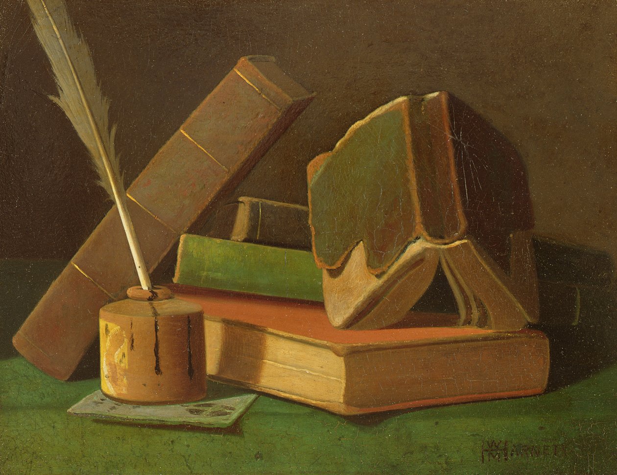 Stilleben med bøker og blekkbrønn av William Michael Harnett