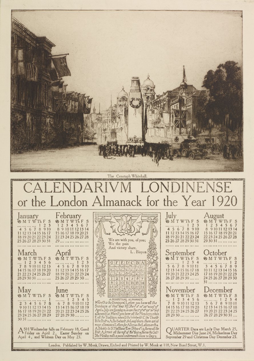 Calendarium Londinense, eller London Almanack for 1920, overvunnet av utsikt over Cenotaph, Whitehall, 1919 av William Monk