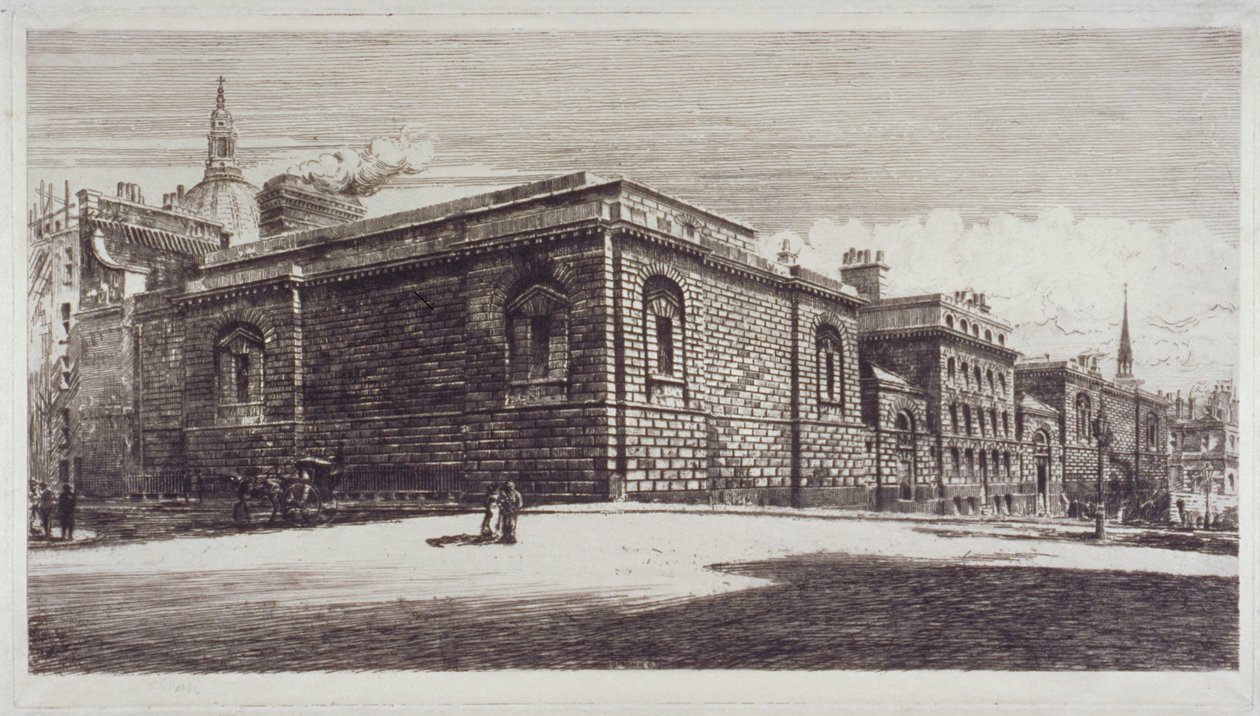 Utsikt over Newgate Prison, Old Bailey, fra Newgate Street, City of London, c1900 av William Monk