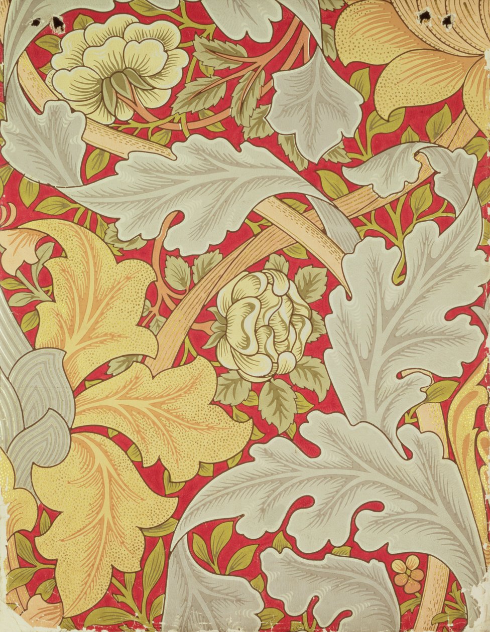Acanthusblader og villrose på karmosinrød bakgrunn, tapetdesign av William Morris