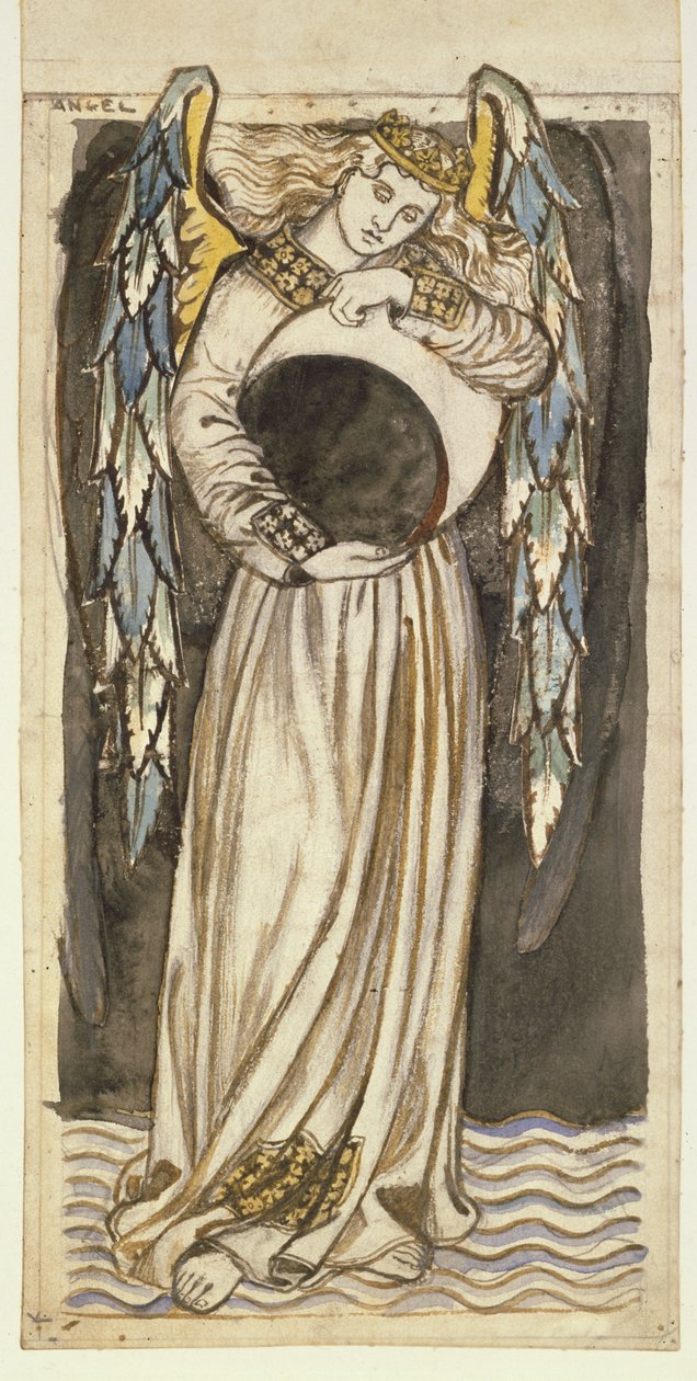 En engel som holder en avtagende måne (blyant og wc på papir) av William Morris