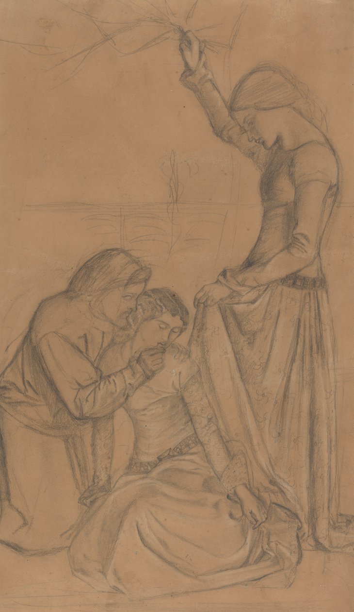 Sammensetning av tre figurer i en hage av William Morris