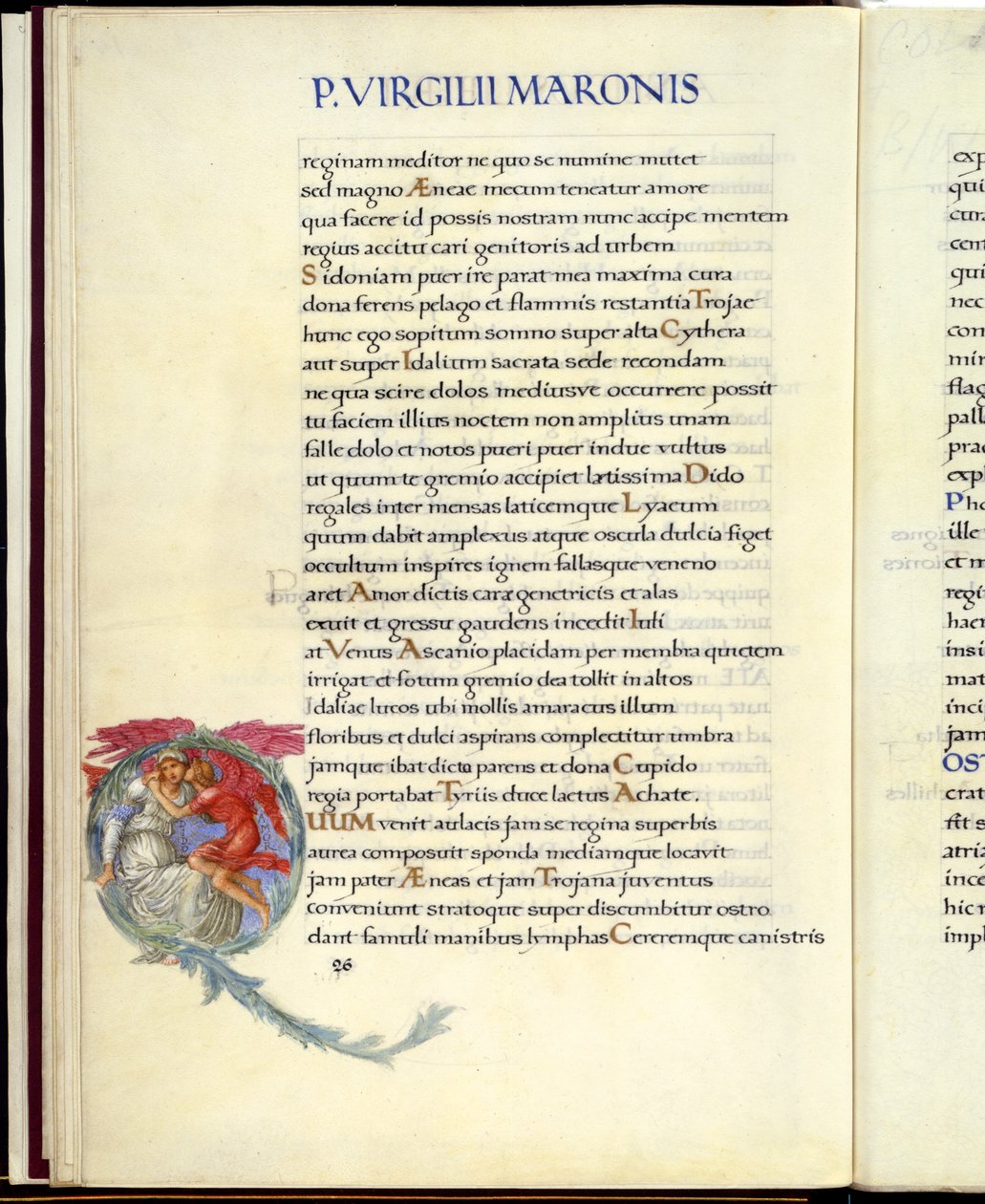 Dido og Amor, side 26 fra Virgils "Aeneid" av William Morris