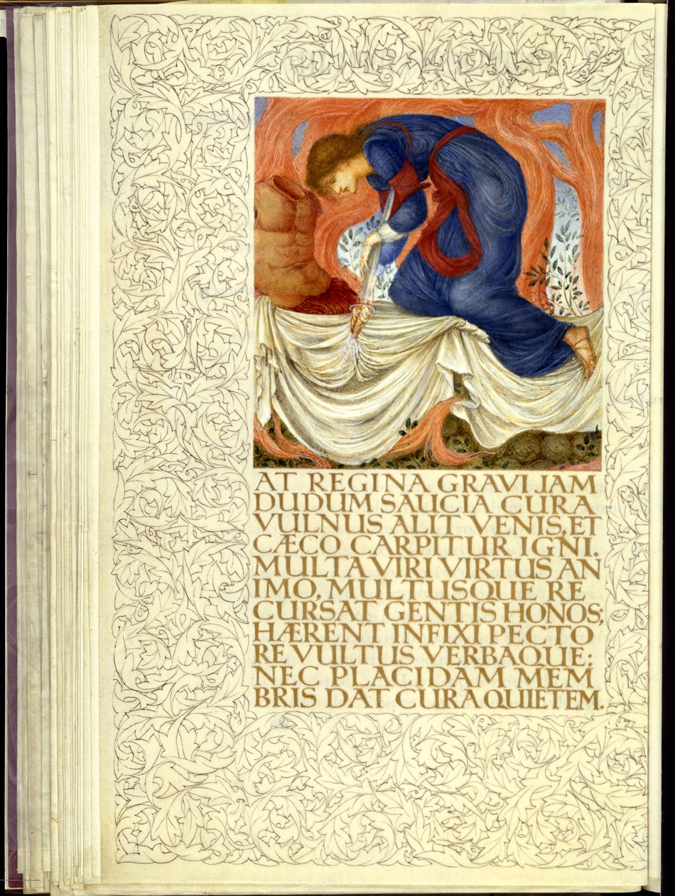 Dido knivstikker seg selv, åpningen av bok IV av Virgils "Aeneid" av William Morris