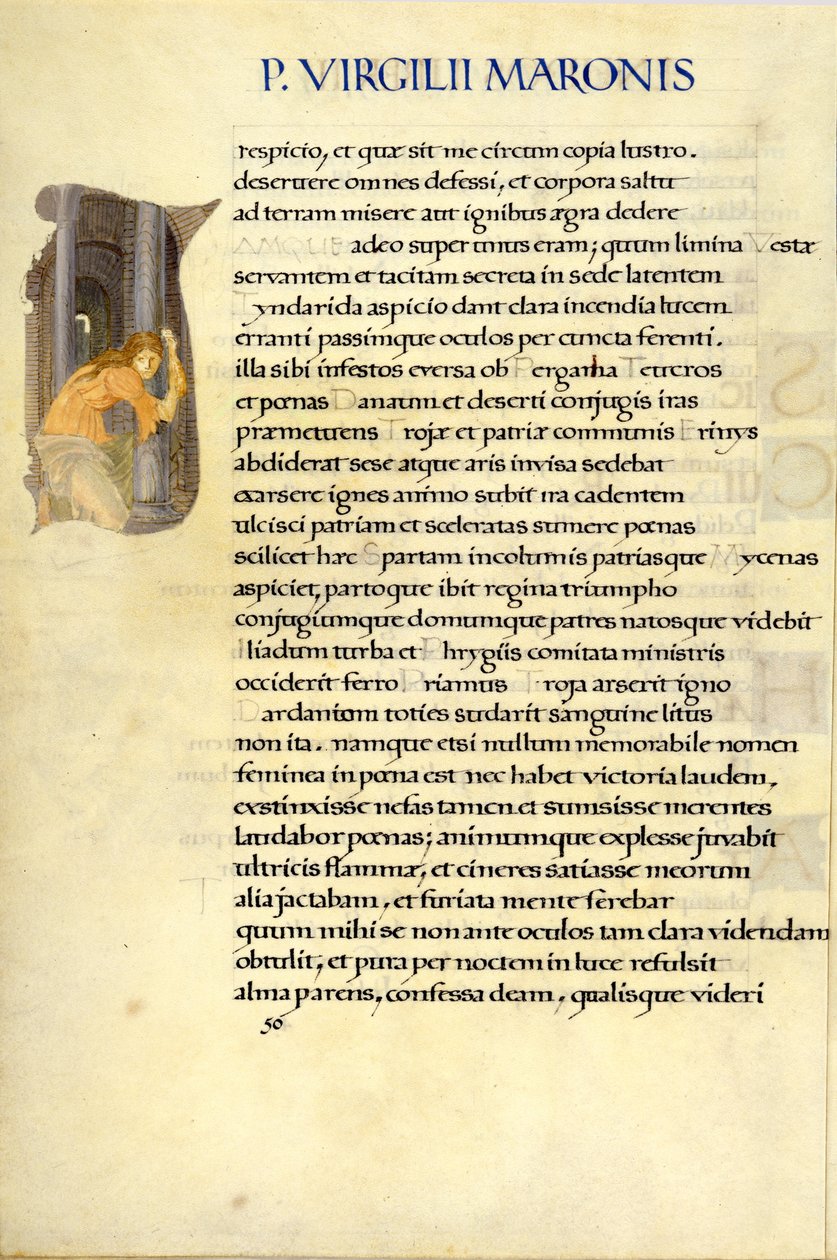 Helen gjemmer seg i Vesta-tempelet, side 50 fra Virgils "Aeneid" av William Morris