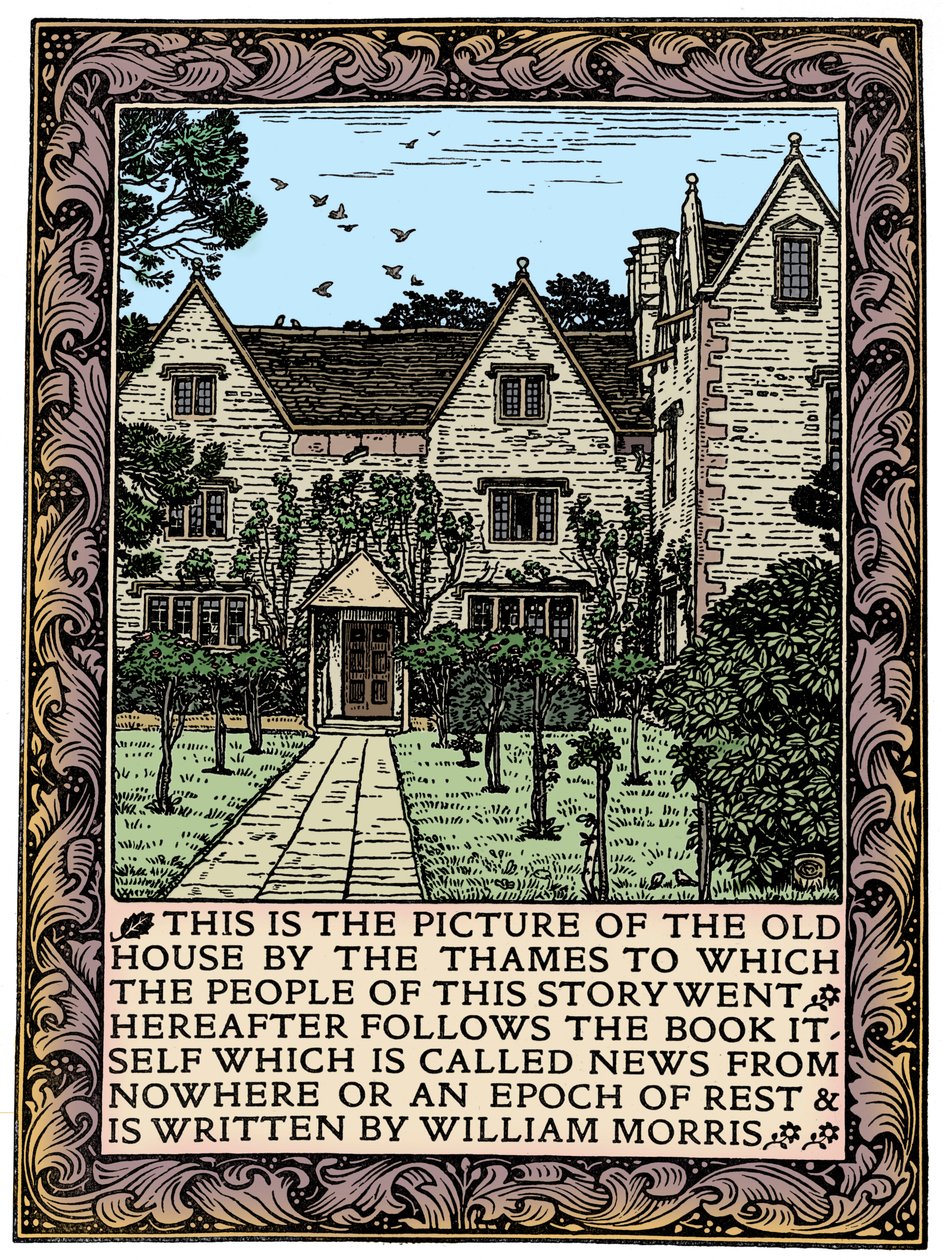 Kelmscott Manor, Gloucestershire, frontispice til News from Nowhere, c1892 1901 av William Morris
