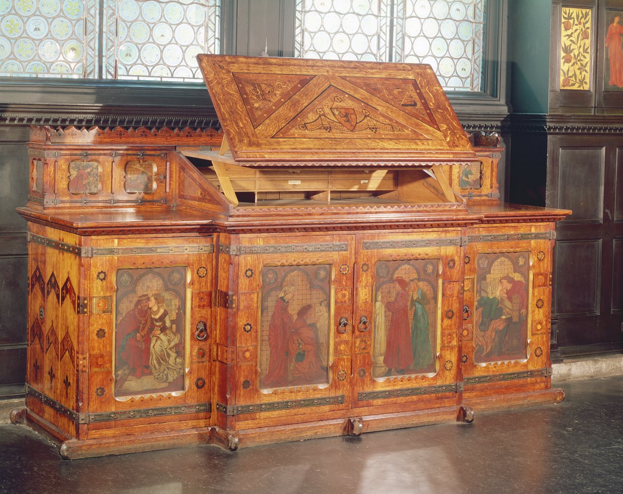 King Renes bryllupsreiseskap, designet av J.P. Seddon, 1862 (eik med malte paneler) av William Morris