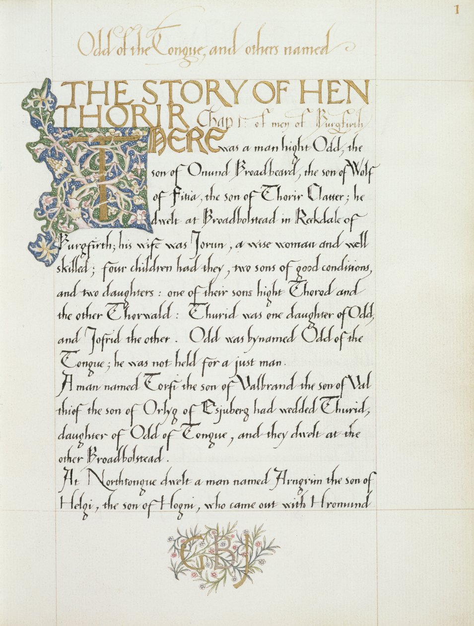 Ms 270* f.1r Historien om Hen Thorir, ca. 1873-4 (papir) av William Morris