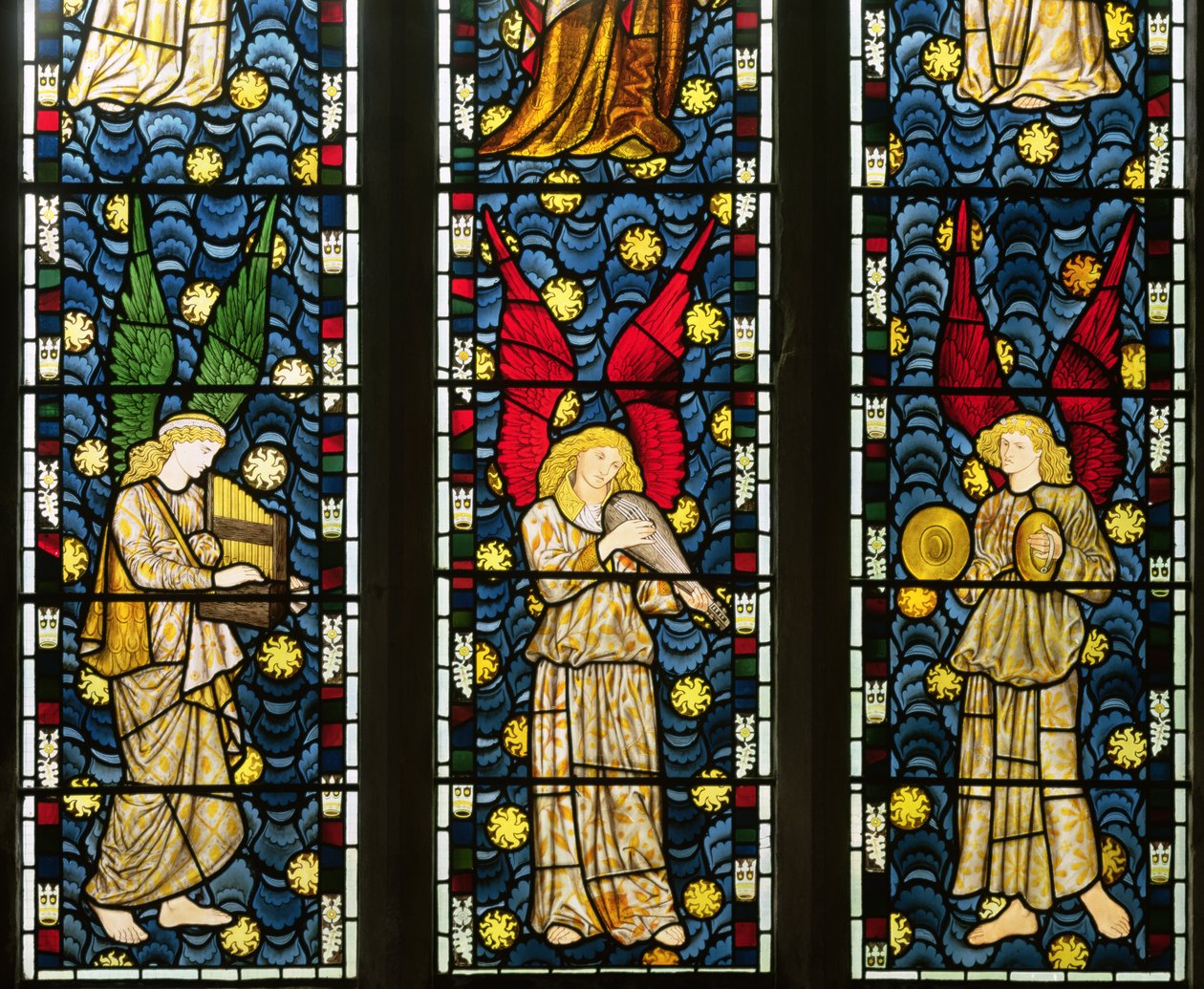 Musical Angels, detalj av den nedre halvdelen av Angels-vinduet, 1869 farget glass detalj av 120165 av William Morris