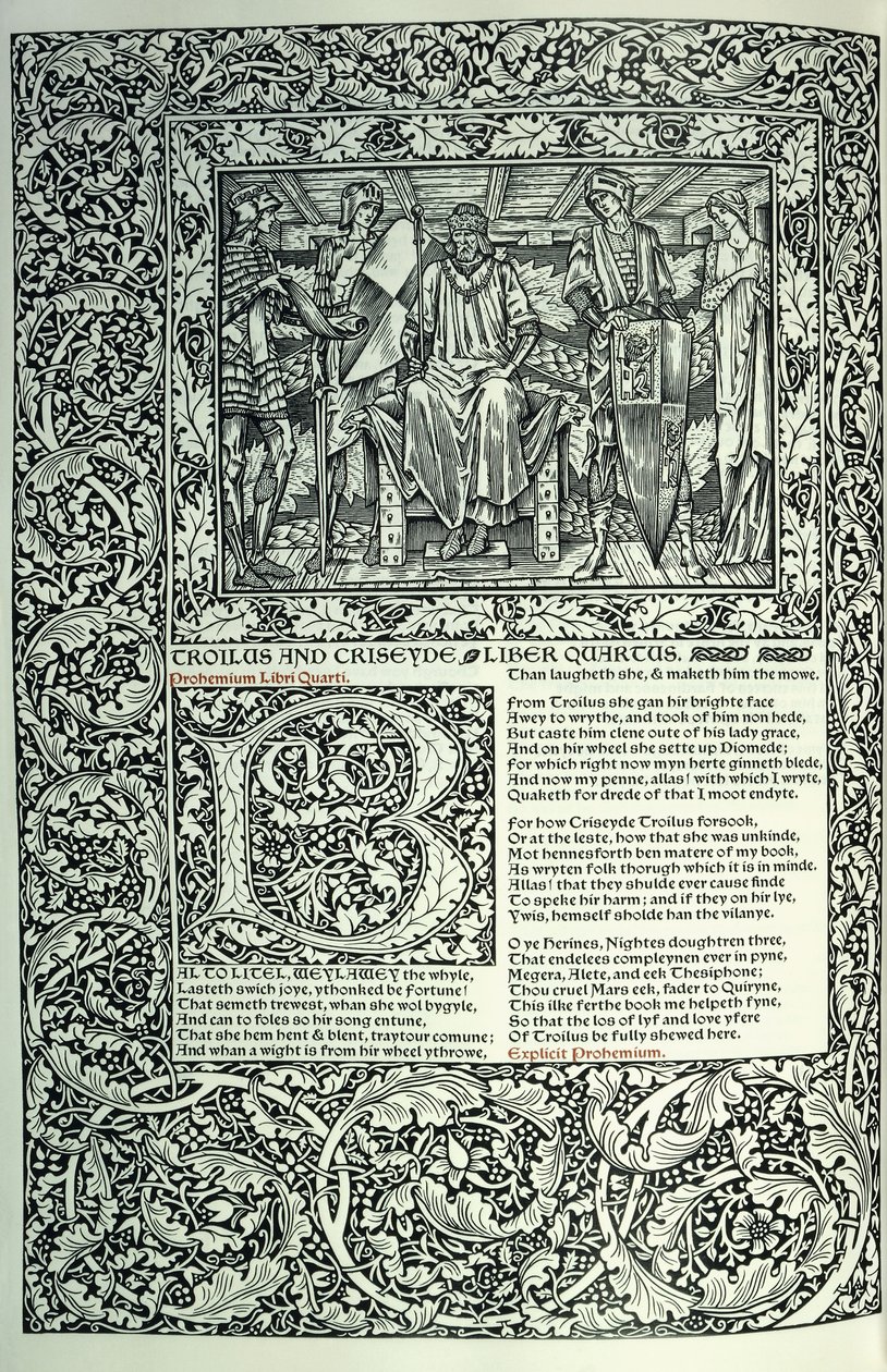 Scene fra "Troilus and Criseyde", historisk initial "B", manuskript med full sidekant, 1896 av William Morris