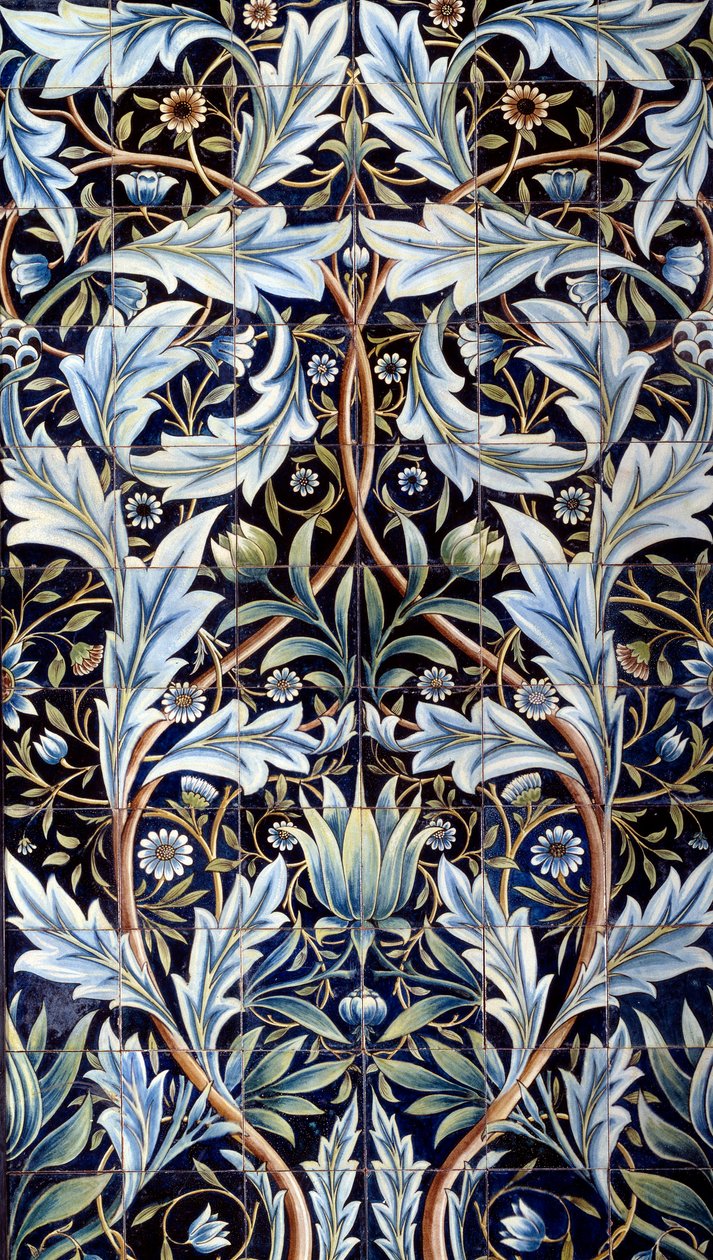 Veggdekkepanel (66 fliser) laget av William Morris (1834-1896) og William Frend de Morgan (1839-1917) i fajanse. Fra Membland Hall for Edward Charles Baring. Chelsea, England. 1876-1877 søn. 1x635 m Paris, musee d