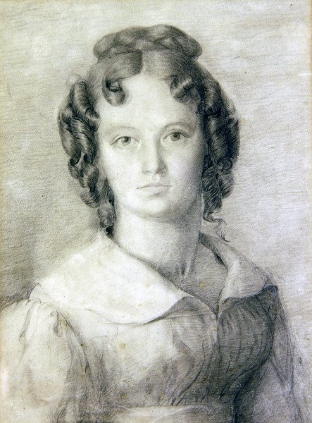 Portrett i byste av Charlotte Rolfe (blyant og fargeblyant på papir) av William Mulready